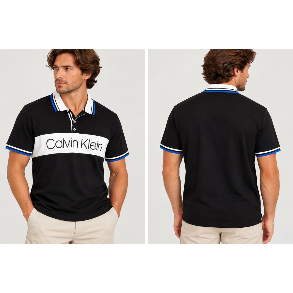 Calvin Klein Men's XL Pima Cotton Polo Shirt Black White Logo Colorblock Blue